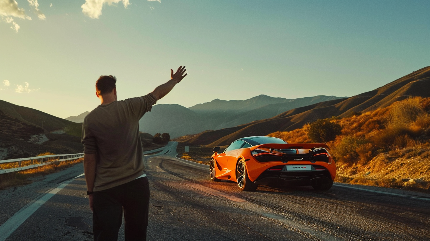 A man on a mountain road waving goodbye to an orange McLaren driving away