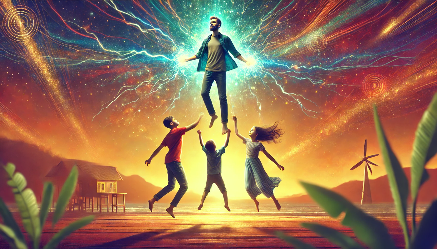 Father floating in the air, held up by energy created by his children