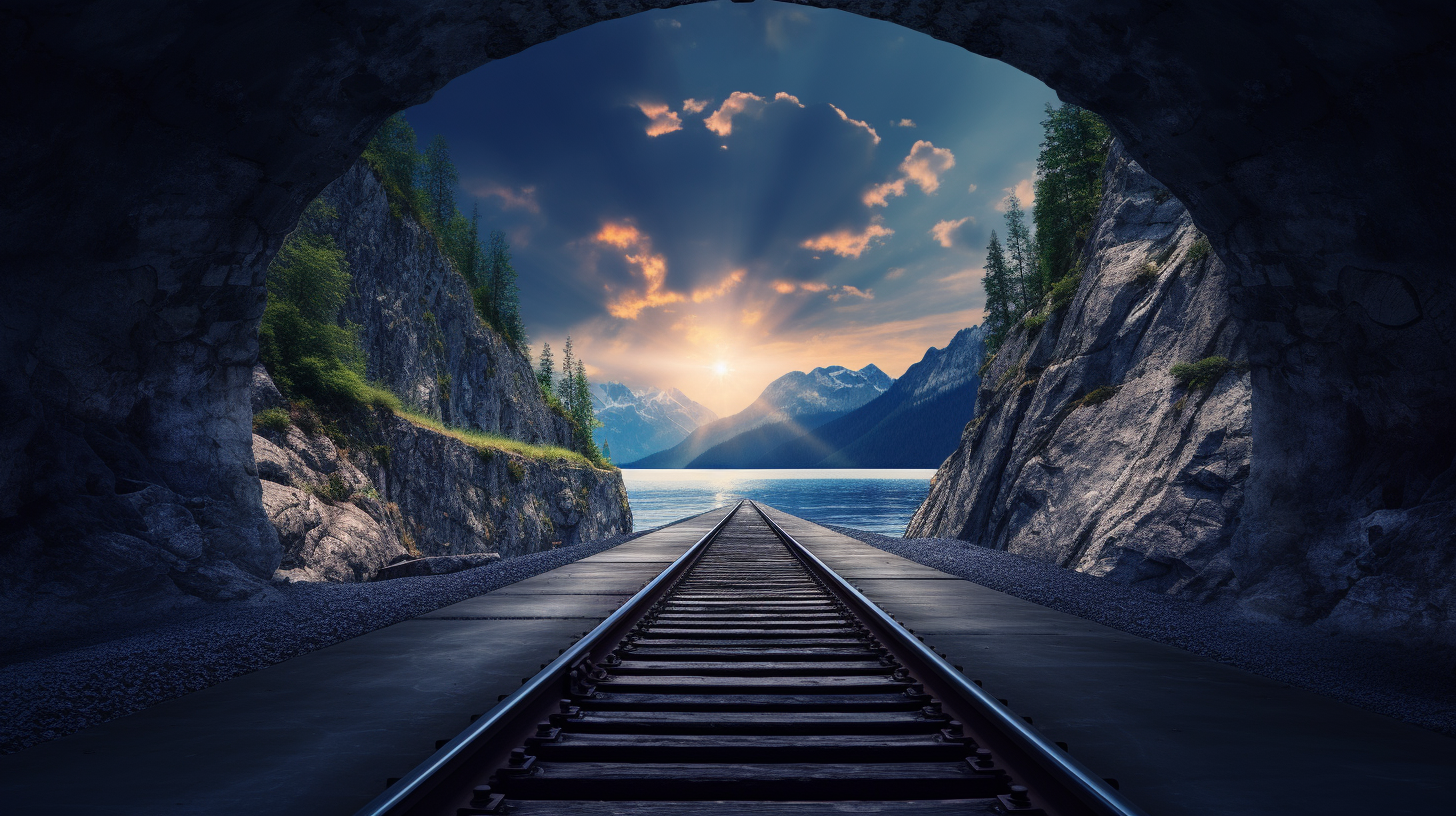Railway tracks running out of a dark tunnel toward mountains, a lake and a bright sunset