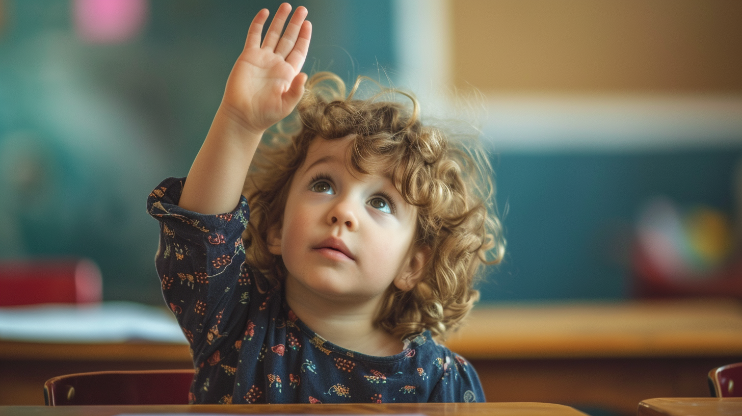 A curly-haired child at a classroom desk, raising a hand and looking up