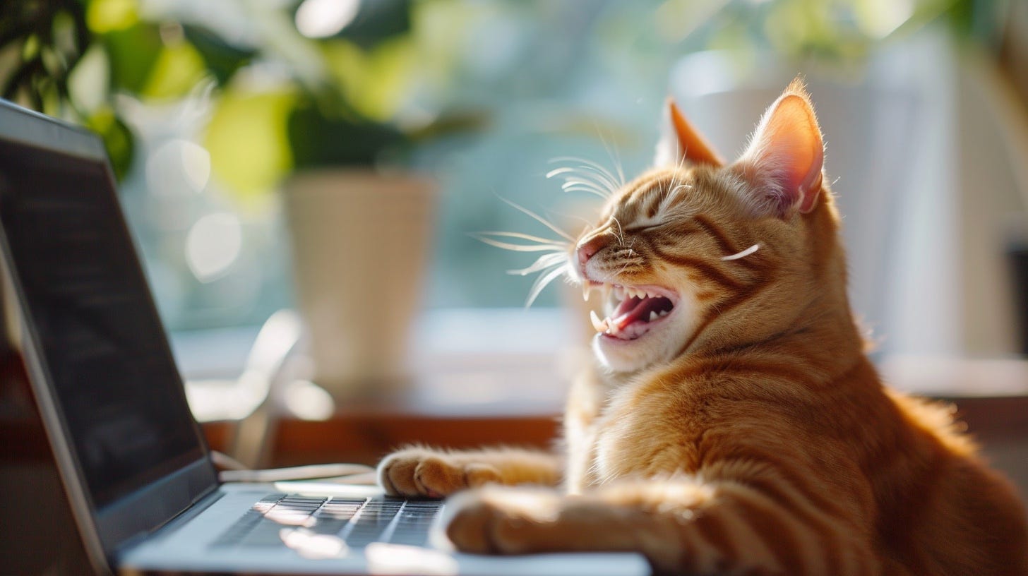 A cat, using a laptop and laughing