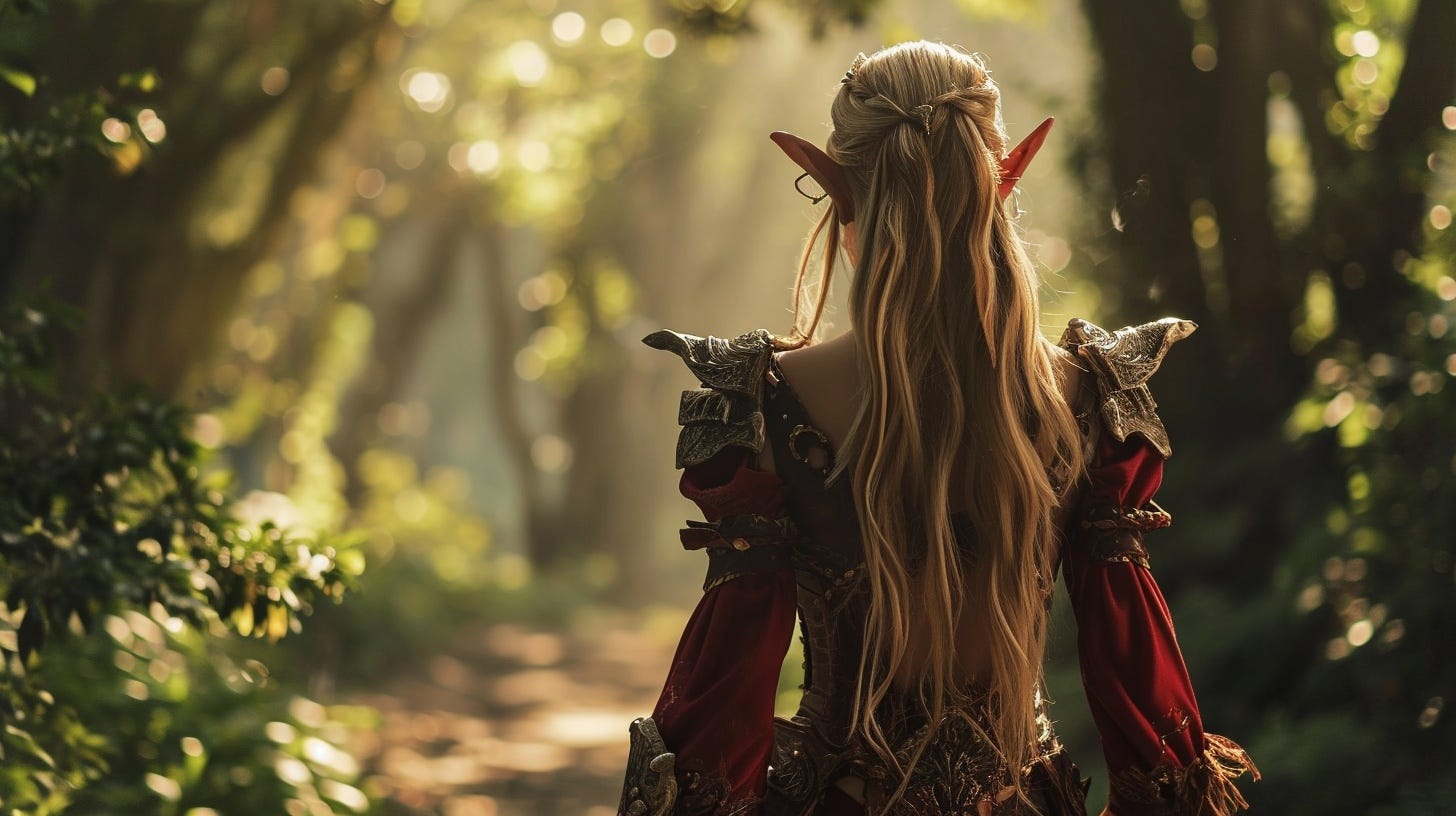 A female blood elf from Warcraft, viewed from behind
