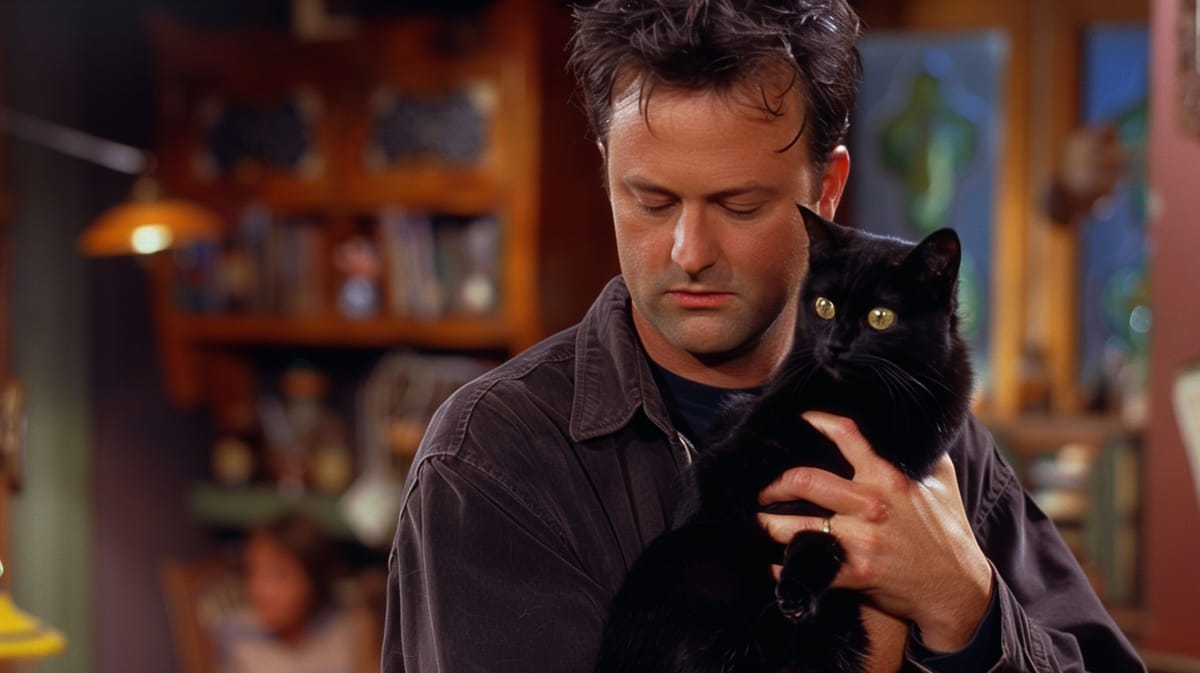 A man who looks like Chandler from Friends holding a black cat
