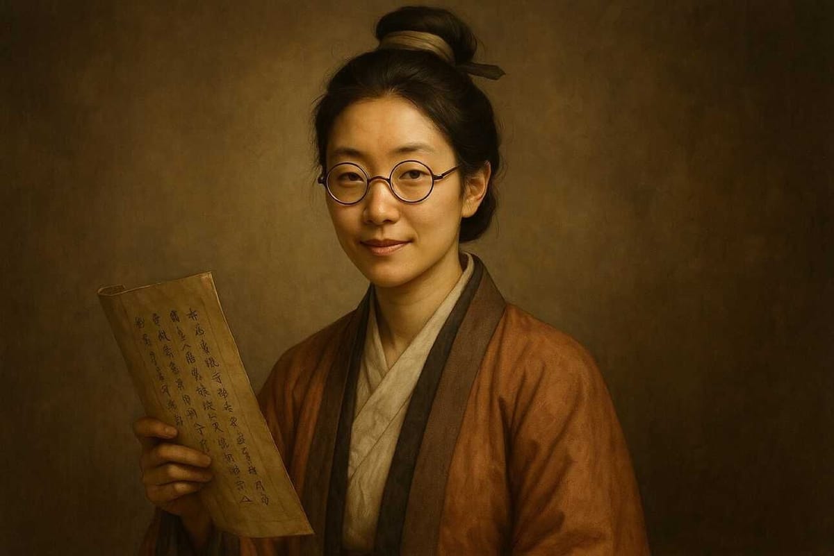 A painted portrait of a woman in glasses and a traditional robe, holding a scroll
