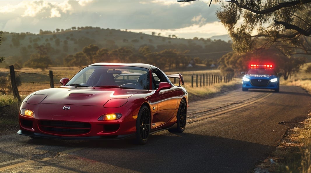 A red sports car pulled over on a country road, a police car behind it