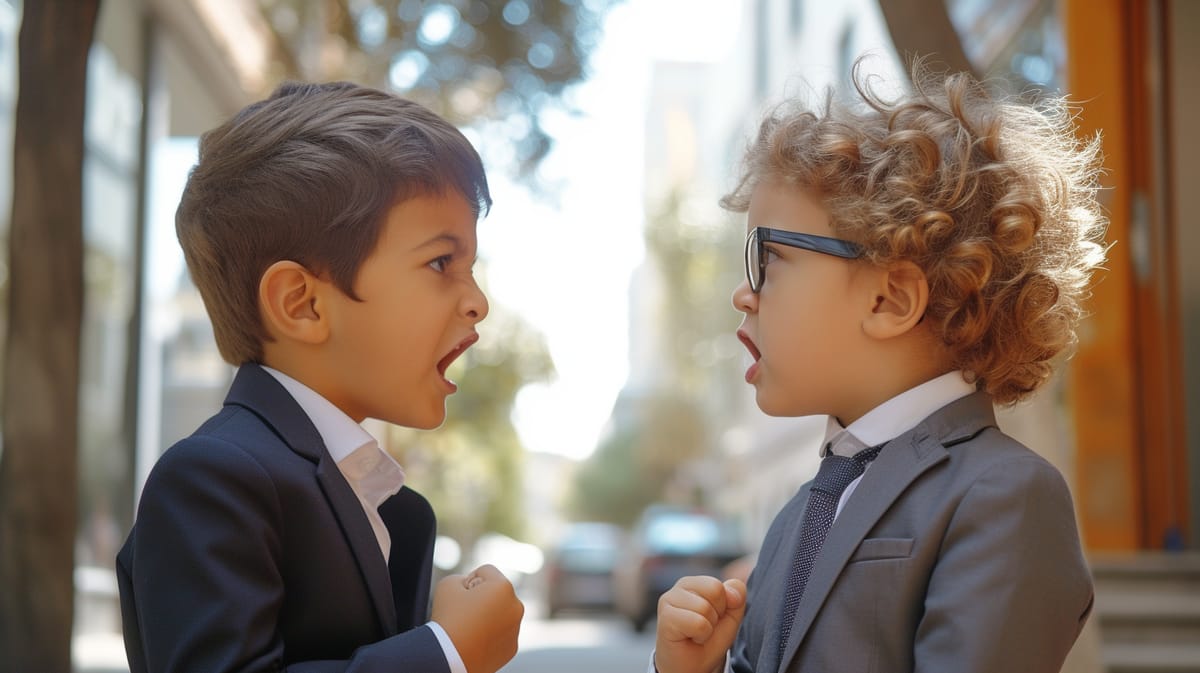 Two small boys in suits arguing on a city street