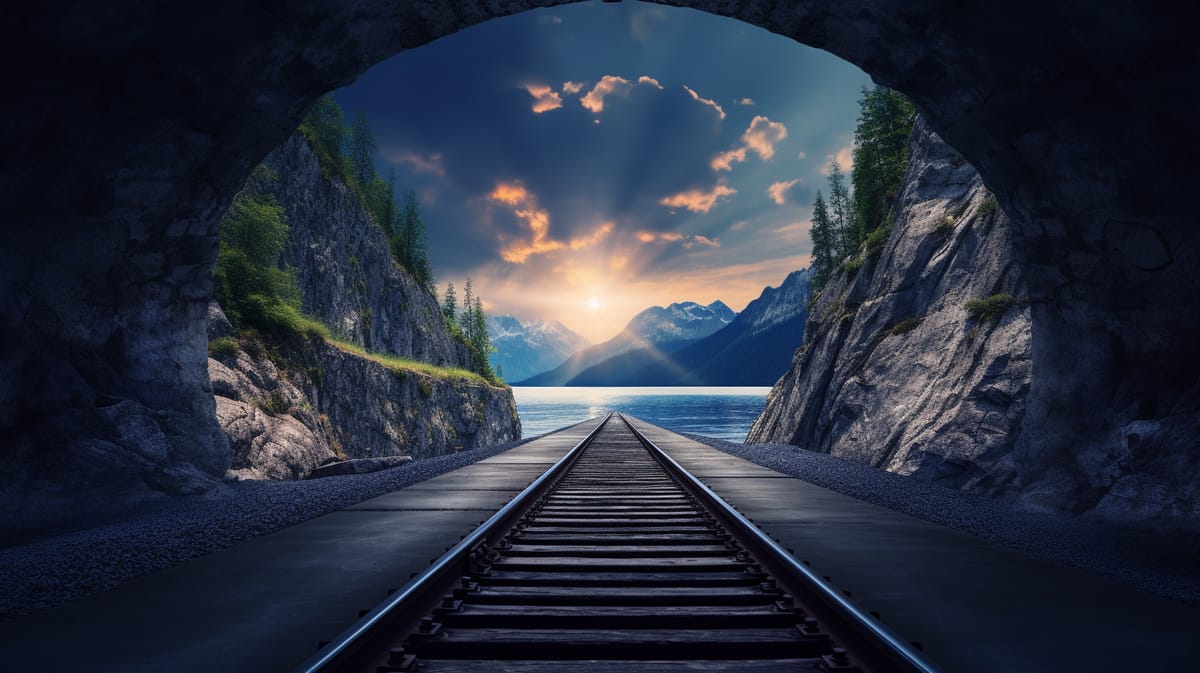 Railway tracks running out of a dark tunnel toward mountains, a lake and a bright sunset