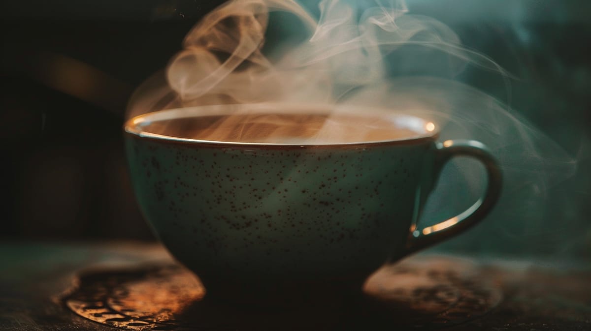 A speckled teacup of a hot drink, steam curling up from it