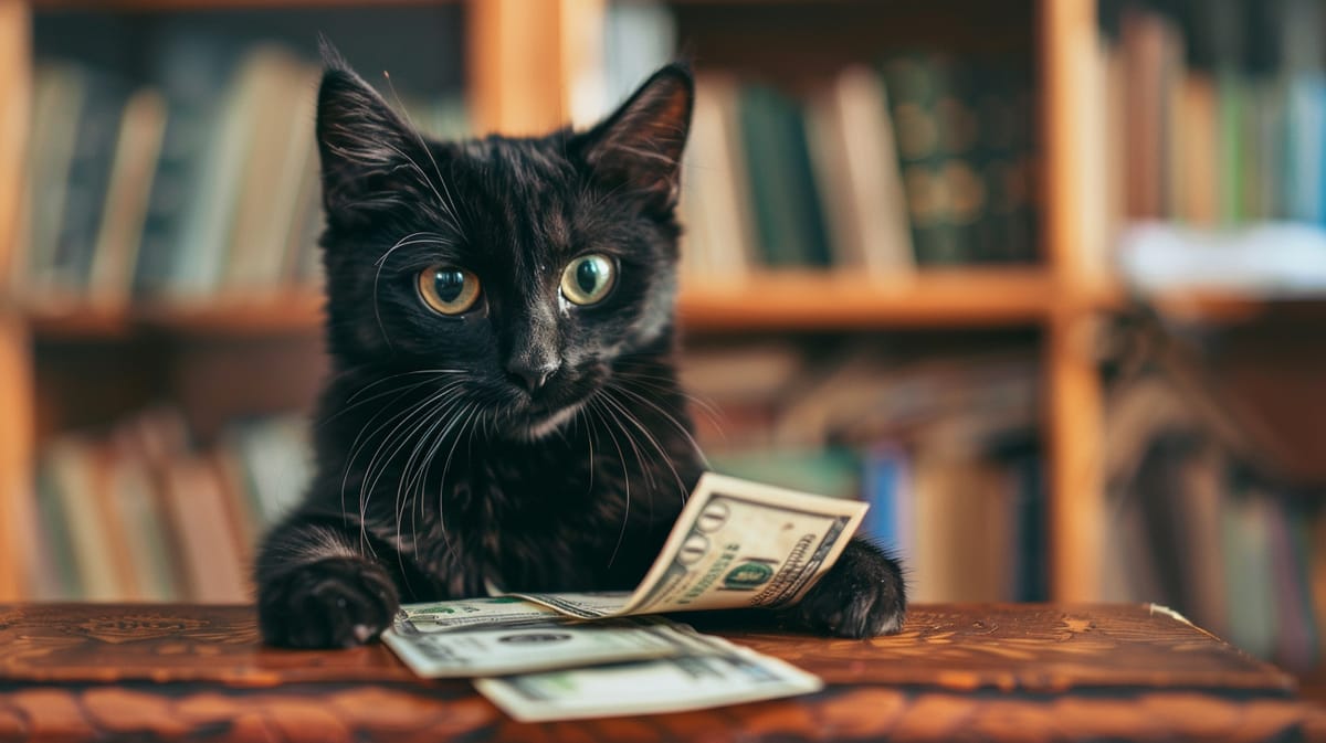 A black cat at a desk with a stack of hundred-dollar bills