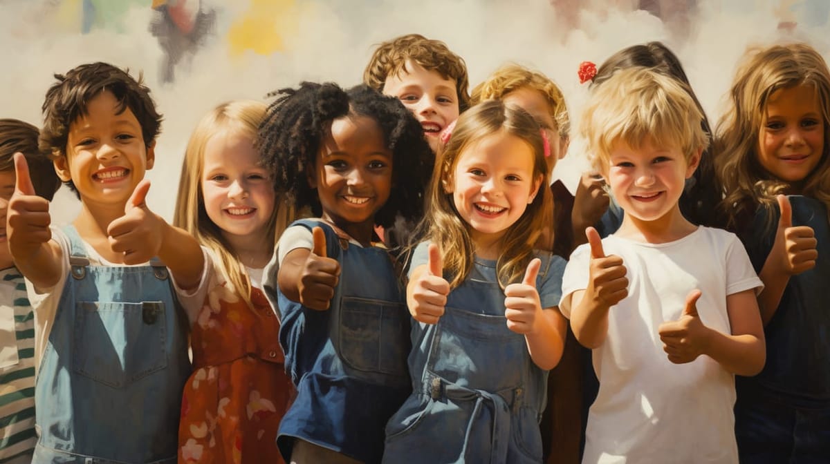 A group of smiling children giving thumbs up
