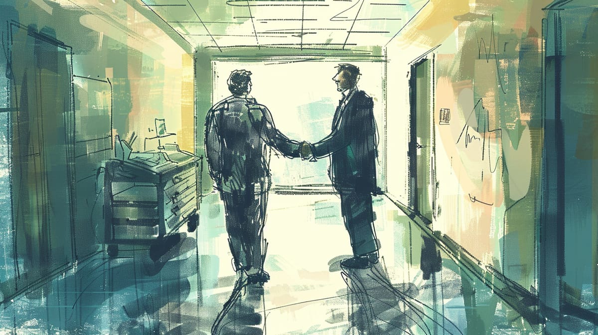 A sketch of two men shaking hands in a hospital corridor