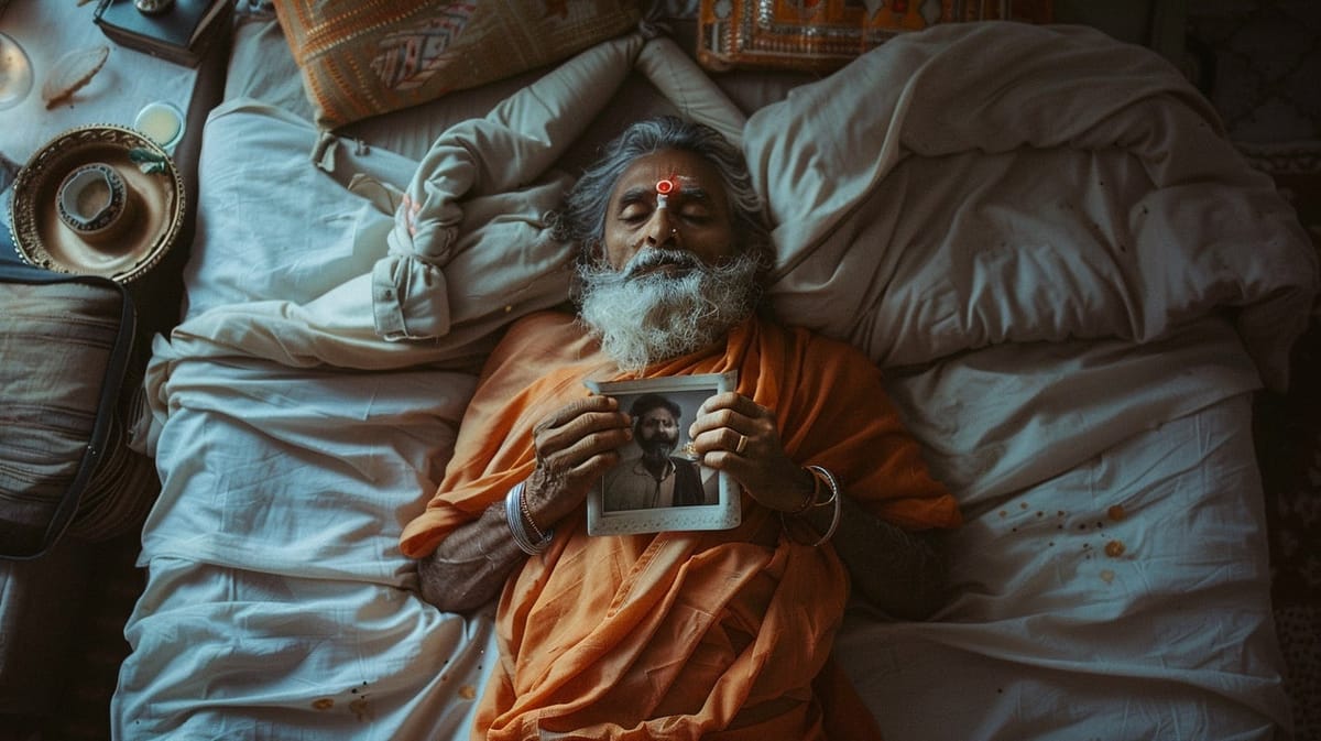 A yogi lying in a bed, holding a picture of author and praying