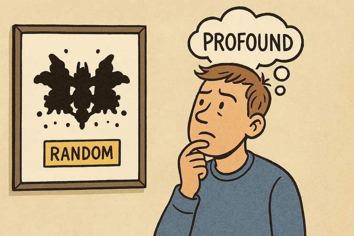 Cartoon of a puzzled man looking at an inkblot labelled RANDOM, with PROFOUND in his thought bubble