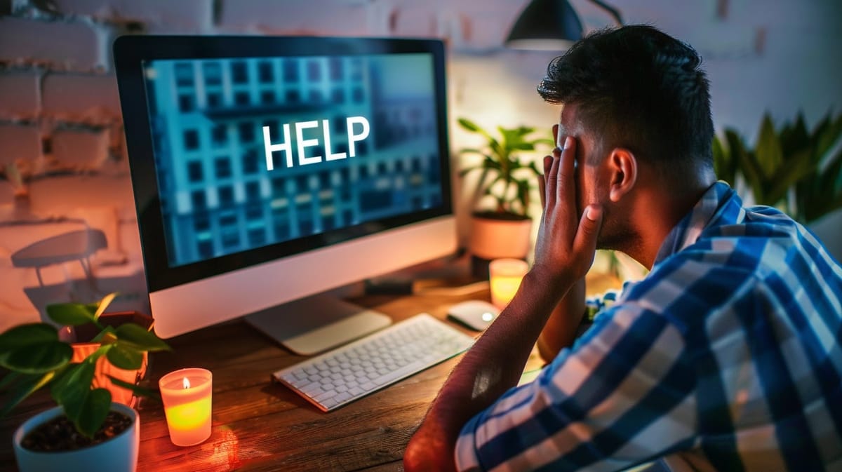A man with his head in his hand at a desk, the word HELP on his computer screen