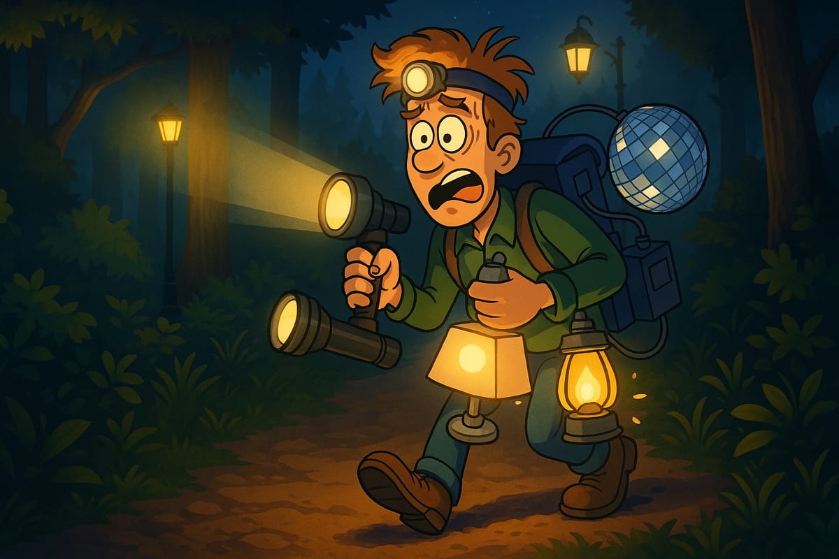 Colin walking through the forest, strapped with lots of light sources