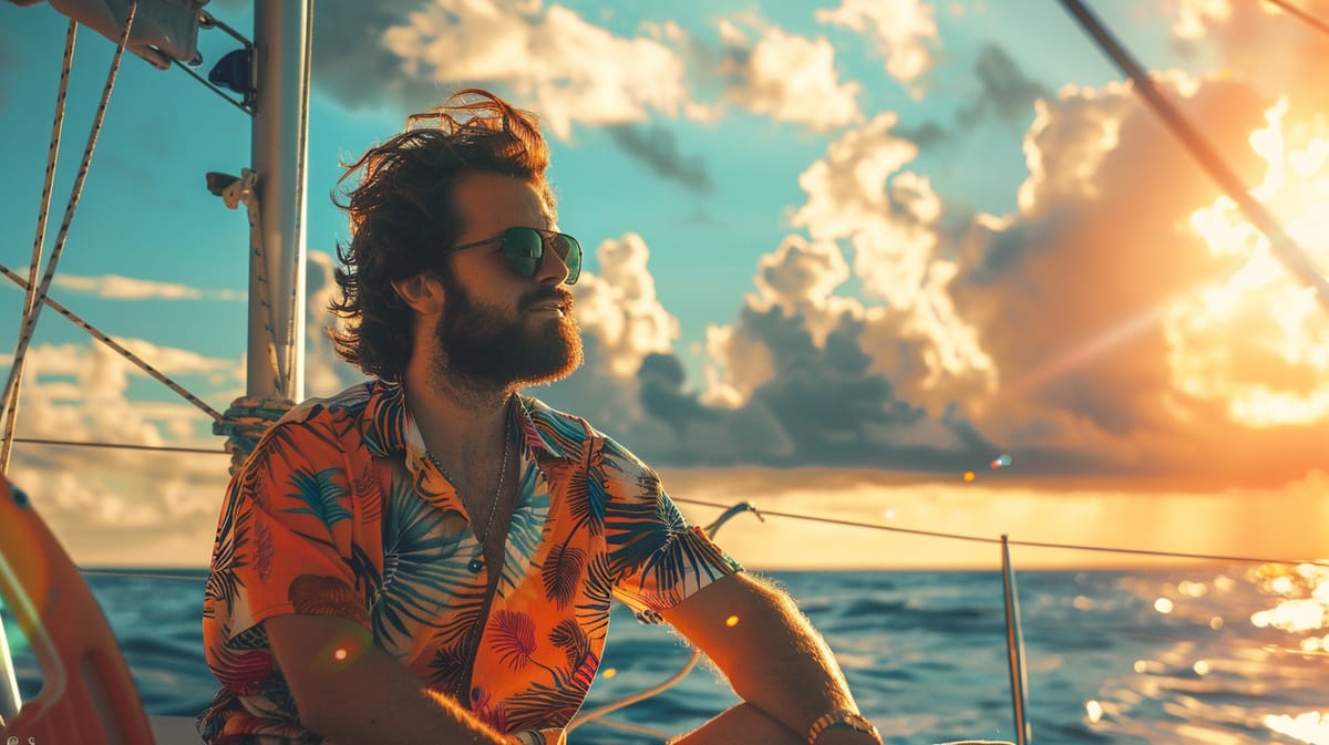 A bearded man in sunglasses and a Hawaiian shirt on a sailboat at sunset