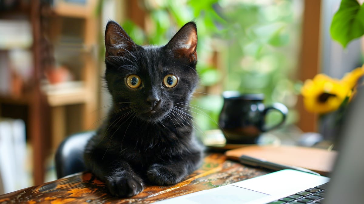 A black cat sitting at a desk, as if in a job interview
