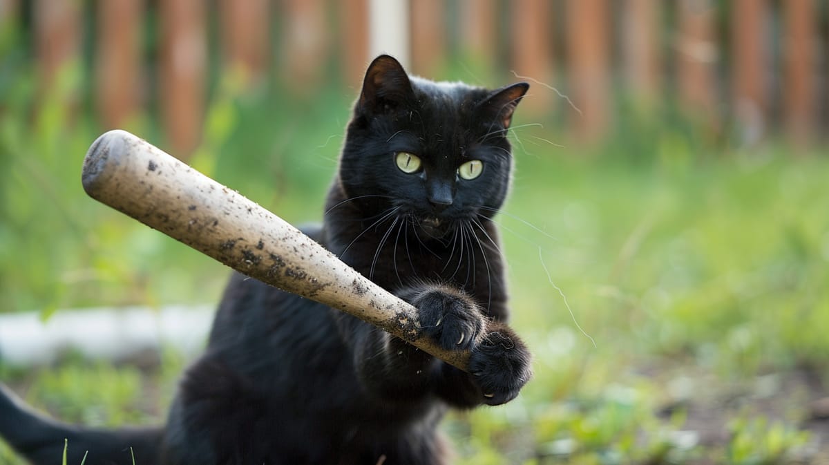 A black cat holding a baseball bat on a lawn